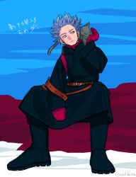 Rule 34 | 1boy, animal, belt, black jacket, black pants, blue background, boku no hero academia, brown belt, cat, closed mouth, grey background, invisible chair, jacket, male focus, mittens, ohhhhhhtsu, pants, purple hair, red background, shinsou hitoshi, short hair, sideways glance, sitting, solo, spiked hair, translation request, twitter username