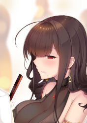 Rule 34 | 1girl, ahoge, blush, breasts, brown hair, dsr-50 (girls&#039; frontline), dsr-50 (highest bid) (girls&#039; frontline), girls&#039; frontline, heart, heart-shaped pupils, highres, kana (ky4696), large breasts, long hair, looking away, official alternate costume, parted lips, red eyes, see-through, solo, symbol-shaped pupils, upper body