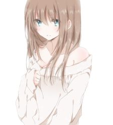 Rule 34 | 1girl, blue eyes, brown hair, hiro (hirohiro31), long hair, looking at viewer, off-shoulder shirt, original, shirt, simple background, sleeves past wrists, solo, white background