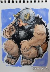 Rule 34 | 1boy, bara, beard, brown hair, dungeon meshi, dwarf, facial hair, fake horns, from above, full body, heart, helmet, highres, horned helmet, horns, kano (kano to10), large feet, long beard, looking at viewer, male focus, marker (medium), muscular, muscular male, mustache, ok sign, photo (medium), senshi (dungeon meshi), sitting, solo, thick mustache, traditional media, very long beard