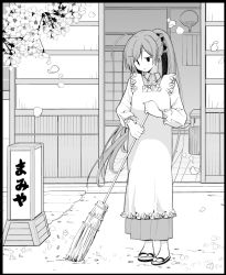 Rule 34 | 10s, 1girl, apron, broom, commentary request, geta, greyscale, hair ornament, hairclip, hand fan, hikawa79, japanese clothes, kantai collection, kappougi, long hair, mamiya (kancolle), monochrome, paper fan, petals, ponytail, sign, sliding doors, solo, sweeping, tabi, table, translation request, uchiwa, very long hair