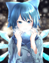 Rule 34 | 1girl, arms up, blue coat, blue eyes, blue hair, blue scarf, blurry, bokeh, bow, breath, cirno, coat, depth of field, expressionless, hair bow, long sleeves, looking at viewer, scarf, short hair, shuutsu, snowing, solo, standing, thick eyebrows, touhou, upper body, wings