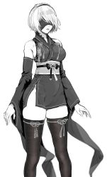 Rule 34 | 1girl, blindfold, breasts, closed mouth, commentary, detached sleeves, greyscale, hairband, highres, large breasts, long sleeves, mellow rag, monochrome, nier:automata, nier (series), short hair, solo, thighhighs, thighs, 2b (nier:automata)