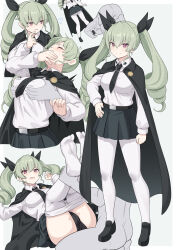Rule 34 | 1boy, 1girl, anchovy (girls und panzer), anzio school uniform, black cape, black footwear, black necktie, black panties, black ribbon, blush, breasts, cape, closed eyes, clothed female nude male, clothes pull, collared shirt, drill hair, faceless, faceless male, full body, girls und panzer, grabbing, grabbing another&#039;s breast, green hair, groping, hair ribbon, hetero, highres, long hair, medium breasts, multiple views, necktie, no shoes, nude, panties, pantyhose, pantyhose pull, pink eyes, prostration, pulling another&#039;s clothes, ribbon, school uniform, shirt, shiseki hirame, skirt, smile, sweatdrop, twin drills, twintails, two-tone background, underwear, white pantyhose, white shirt