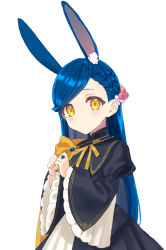 Rule 34 | 1girl, animal ear fluff, animal ears, black dress, blue hair, blush, braid, brown eyes, brown ribbon, cape, closed mouth, dress, hair ornament, highres, honzuki no gekokujou, jewelry, juliet sleeves, kemonomimi mode, long hair, long sleeves, looking at viewer, myne (honzuki no gekokujou), neck ribbon, orange cape, puffy sleeves, rabbit ears, ribbon, rimo, ring, side cape, simple background, solo, swept bangs, upper body, very long hair, white background, wide sleeves