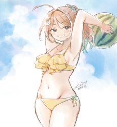Rule 34 | 1girl, alternate costume, alternate hairstyle, artist name, bikini, breasts, brown hair, chougei (kancolle), commentary request, cowboy shot, dated, food, frilled bikini, frills, fruit, grey eyes, grin, highres, kantai collection, kirisawa juuzou, large breasts, long hair, looking at viewer, ponytail, side-tie bikini bottom, smile, solo, standing, swimsuit, watermelon