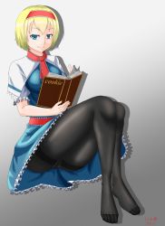 Rule 34 | 1girl, absurdres, alice margatroid, blonde hair, blue eyes, book, feet, hairband, highres, looking at viewer, no shoes, pantyhose, short hair, smile, toes, touhou, upskirt