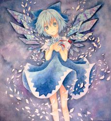 Rule 34 | 1girl, bare legs, blue eyes, blue hair, bow, cirno, dress, hair bow, holding, ice, ice wings, large bow, matching hair/eyes, painting (medium), puffy short sleeves, puffy sleeves, short hair, short sleeves, solo, touhou, traditional media, watercolor (medium), wind, wind lift, wings, yuyu (00365676)