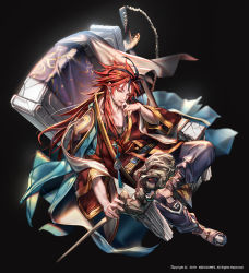 Rule 34 | 1boy, black background, collarbone, earrings, english text, hand on own face, hero cantare, highres, holding, holding staff, jewelry, long hair, multicolored hair, official art, open mouth, red eyes, red hair, simple background, sitting, smile, staff, streaked hair, sword, the god of high school, the king (the god of high school), third eye, throne, weapon, wide sleeves, wooden staff, yagaaaa