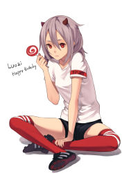 Rule 34 | 1girl, adidas, candy, fkey, food, grey hair, gym shorts, happy birthday, highres, horns, indian style, lips, lollipop, long hair, original, over-kneehighs, red eyes, red thighhighs, shoes, shorts, sitting, sneakers, soccer uniform, solo, sportswear, swirl lollipop, thighhighs