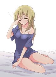 Rule 34 | 1girl, ;o, bare legs, bed sheet, blonde hair, blue shirt, bottomless, breasts, cleavage, collarbone, commentary request, ichii yui, long hair, looking at viewer, medium breasts, mel (melty pot), off shoulder, one eye closed, open mouth, oversized clothes, shirt, short sleeves, sidelocks, sitting, sleepy, solo, t-shirt, yellow eyes, yuyushiki