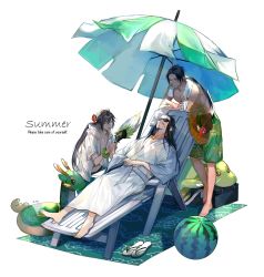 Rule 34 | 3boys, barefoot, beach towel, beach umbrella, beard, black hair, border0715, box, bubble tea, chair, closed eyes, closed mouth, collarbone, cup, disposable cup, drink, facial hair, feather fan, flower, food, fruit, full body, goatee, green male swimwear, green swim trunks, hair flower, hair ornament, hand fan, hands on own stomach, hat, hat flower, hibiscus, highres, holding, holding drink, holding fan, hood, hood down, hooded jacket, innertube, jacket, japanese clothes, jiang wei, karakusa (pattern), kimono, looking at another, lounge chair, lying, male focus, male swimwear, melon, multiple boys, navel, on back, open clothes, open jacket, open mouth, own hands together, parted bangs, ponytail, print male swimwear, print swim trunks, print swimsuit, red flower, sandals, sangoku musou 1, scrunchie, shin sangoku musou, short sleeves, simple background, smile, standing, straw hat, sunglasses, swim ring, swim trunks, swimsuit, topless male, towel, towel around neck, umbrella, unworn hat, unworn headwear, unworn sandals, watermelon, white background, white kimono, wrist scrunchie, zhao yun, zhuge liang