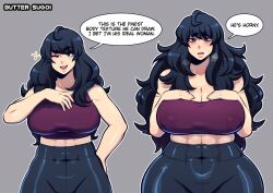 Rule 34 | abs, artist name, black hair, breast suppress, breasts, butter sugoi, cleavage, covered erect nipples, covered navel, curvy, english text, green eyes, hand on own hip, highres, huge breasts, large breasts, lips, long hair, one eye closed, original, pants, strapless, thick eyebrows, tube top, wide hips, yoga pants