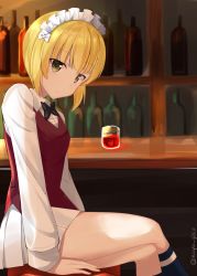 Rule 34 | 10s, 1girl, arm support, bad id, bad pixiv id, bar (place), black bow, black bowtie, black socks, blonde hair, blurry, blurry background, bottle, bow, bowtie, brown hair, closed mouth, commentary request, cup, cutlass (girls und panzer), dress shirt, drinking glass, from side, girls und panzer, highres, light frown, looking at viewer, maid headdress, miniskirt, pleated skirt, sakimaru, shirt, short hair, shot glass, sitting, skirt, socks, solo, stool, twitter username, white shirt, white skirt, wing collar, yellow eyes