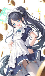 Rule 34 | 1girl, absurdly long hair, absurdres, apron, aris (blue archive), aris (maid) (blue archive), black dress, black hair, blue archive, blue eyes, blush, coin, dress, frilled apron, frills, green halo, halo, highres, kesa pasa, long hair, looking at viewer, maid, maid apron, maid headdress, official alternate costume, open mouth, panties, ponytail, short sleeves, simple background, smile, solo, thighhighs, underwear, very long hair, white apron, white background, white panties, white thighhighs