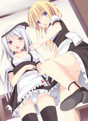 Rule 34 | &gt;:o, 10s, 2girls, :o, apron, bad id, bad pixiv id, blonde hair, charlotte dunois, female focus, heterochromia, high heels, infinite stratos, laura bodewig, long hair, maid, maid apron, multiple girls, open mouth, panties, purple eyes, silver hair, thighhighs, thighs, torutee, underwear, v-shaped eyebrows