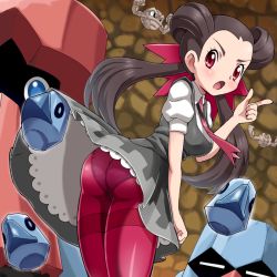 Rule 34 | 10s, 1girl, ass, assisted exposure, blush, brown hair, clothes lift, creatures (company), crotch seam, game freak, gen 1 pokemon, gen 3 pokemon, gen 4 pokemon, geodude, gym leader, nintendo, nosepass, panties, panties under pantyhose, pantyhose, pink pantyhose, pokemoa, pokemon, pokemon (creature), pokemon oras, probopass, roxanne (pokemon), skirt, skirt lift, thighband pantyhose, twintails, underwear, upskirt
