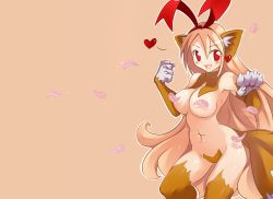 Rule 34 | 1girl, animal ears, animal hands, blonde hair, blush, breasts, c-string, cat ears, cat tail, censored, convenient censoring, cosplay, crotch plate, detached collar, disgaea, fang, flonne, flonne (fallen angel), fur, hairband, heart, highres, large breasts, long hair, looking at viewer, maebari, makai senki disgaea, midriff, navel, nekomata (disgaea), nekomata (disgaea) (cosplay), nippon ichi, novelty censor, open mouth, petals, rabbit ears, red eyes, revealing clothes, simple background, smile, solo, strapless bottom, tail, tusia, very long hair