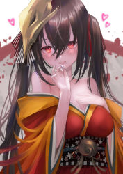 Rule 34 | 1girl, azur lane, bare shoulders, black hair, blush, breasts, cleavage, commentary request, hair between eyes, hair ornament, hemorina, highres, japanese clothes, jewelry, kimono, large breasts, long hair, looking at viewer, ornate ring, red eyes, ring, smile, solo, taihou (azur lane), very long hair, wedding ring