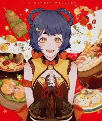 Rule 34 | + +, 1girl, bare shoulders, blue hair, blush, braid, braided hair rings, brown eyes, chili pepper, chinese clothes, dark blue hair, fingerless gloves, food, genshin impact, gloves, hair ornament, hair rings, hairclip, highres, open mouth, own hands clasped, own hands together, skyeera, smile, solo, thick eyebrows, wanmin restaurant&#039;s boiled fish (genshin impact), xiangling (genshin impact), yellow eyes