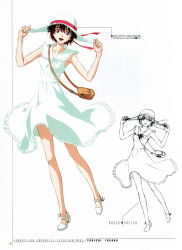 Rule 34 | 1girl, armpits, bag, blue eyes, breasts, concept art, dress, female focus, frilled dress, frilled hat, frills, fukano youichi, full body, hair between eyes, handbag, hands on headwear, hands up, happy, hat, hat ribbon, high heels, highres, jpeg artifacts, kirishima mana, legs, lineart, looking at viewer, monochrome, multiple views, neon genesis evangelion, neon genesis evangelion: iron maiden, non-web source, official art, page number, parted bangs, partially colored, red hair, ribbon, sandals, scan, shoes, short hair, simple background, skinny, small breasts, smile, standing, sun hat, sundress, translation request, white background, white dress