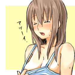 Rule 34 | 1girl, achi, breasts, brown hair, cleavage, clothes pull, closed eyes, hana ichiko, hot, large breasts, lowres, original, shirt pull, shirt tan, solo, sweat, tan, tanline