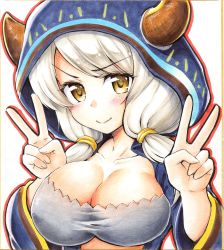 Rule 34 | 1girl, breasts, double v, draph, fuyuzora, granblue fantasy, highres, hood, horns, kumuyu, large breasts, silver hair, smile, solo, traditional media, v, wide sleeves, yellow eyes