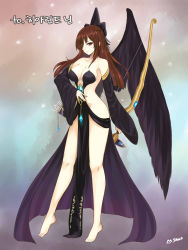 Rule 34 | 1girl, bad id, bad pixiv id, bare shoulders, barefoot, black wings, bow, bow (weapon), breasts, brown hair, cleavage, collarbone, detached sleeves, female focus, full body, hair bow, korean text, legs, long hair, medium breasts, quiver, red eyes, revealing clothes, shaojiang, sideboob, solo, source request, weapon, wings