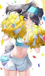Rule 34 | 1girl, absurdres, animal ears, black hair, blue archive, blue eyes, blush, breasts, chanpower233, cheerleader, cleavage, collar, confetti, crop top, detached collar, dog ears, dog girl, dog tail, eyewear on head, goggles, goggles on head, halo, hibiki (blue archive), hibiki (cheer squad) (blue archive), highres, holding, holding pom poms, large breasts, looking at viewer, millennium cheerleader outfit (blue archive), miniskirt, navel, official alternate costume, pleated skirt, pom pom (cheerleading), pom poms, ponytail, sidelocks, skirt, solo, sweat, tail, white collar, white skirt, yellow halo