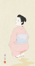 Rule 34 | 1girl, from behind, japanese clothes, kimono, looking back, munio world, peeing, solo, squatting, wet, wet clothes