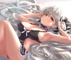 Rule 34 | 1girl, absurdres, armpits, azur lane, bad id, bad pixiv id, bare arms, bare legs, bare shoulders, black bow, black choker, black dress, black panties, black ribbon, blush, bow, breasts, brown eyes, choker, cleavage, collarbone, commentary, dress, earrings, eyelashes, formidable (azur lane), frilled choker, frills, grey hair, hair between eyes, hair bow, hamstarhand, highres, jewelry, knees up, large breasts, legs, long hair, looking at viewer, lying, microdress, neck ribbon, on back, panties, parted lips, revealing clothes, ribbon, sideboob, sidelocks, skindentation, sleeveless, sleeveless dress, solo, thighs, twintails, two-tone ribbon, underwear, v, very long hair