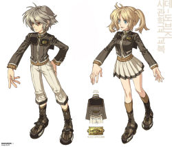 Rule 34 | 1boy, 1girl, blonde hair, blue eyes, boots, breasts, brown footwear, brown jacket, brown legwear, brown shirt, character request, closed mouth, commentary, concept art, english commentary, full body, grandyoukan, grey hair, hair between eyes, hand on own hip, jacket, long sleeves, looking to the side, medium breasts, open mouth, pants, pleated skirt, ragnarok online 2: gate of the world, red eyes, shirt, short hair, simple background, skirt, socks, translation request, two side up, white background, white pants, white skirt