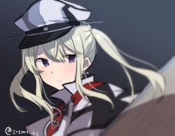 Rule 34 | 1girl, blonde hair, blush, capelet, closed mouth, graf zeppelin (kancolle), hair between eyes, hat, highres, kantai collection, long hair, one-hour drawing challenge, peaked cap, portrait, purple eyes, shirasumato, sidelocks, solo, twintails, twitter username, white capelet, white hat