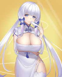 Rule 34 | 1girl, arm under breasts, azur lane, blue eyes, breasts, china dress, chinese clothes, cleavage, closed mouth, dress, hair ornament, highres, illustrious (azur lane), illustrious (maiden lily&#039;s radiance) (azur lane), large breasts, long hair, looking at viewer, mashiro03, official alternate costume, short sleeves, silver hair, smile, solo, thighhighs, twintails, white dress, white thighhighs, yellow background