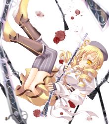 Rule 34 | 10s, 1girl, bad id, bad pixiv id, beret, blonde hair, blood, blood splatter, blurry, boots, breasts, brown thighhighs, corset, depth of field, detached sleeves, drill hair, falling, fingerless gloves, gloves, gun, hair ornament, hairpin, hat, hina2002to, large breasts, magical girl, magical musket, mahou shoujo madoka magica, mahou shoujo madoka magica (anime), perspective, pleated skirt, puffy sleeves, ribbon, rifle, skindentation, skirt, solo, striped clothes, striped thighhighs, thighhighs, tomoe mami, twin drills, twintails, vertical-striped clothes, vertical-striped thighhighs, weapon, yellow eyes, zettai ryouiki