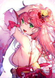 Rule 34 | 1girl, :d, ahoge, arm up, bare shoulders, bell, blush, breasts, detached sleeves, floral print, green eyes, hair bell, hair between eyes, hair ornament, hairclip, halterneck, hololive, japanese clothes, kimono, large breasts, long hair, looking at viewer, nontraditional miko, obi, one side up, open mouth, pink hair, redcomet, sakura miko, sakura miko (1st costume), sash, sideboob, smile, solo, virtual youtuber, x hair ornament