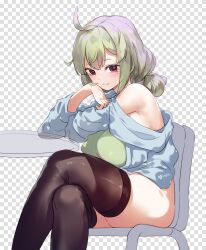 Rule 34 | 1girl, araga kiwi, blue shirt, breasts, breasts on thighs, chair, checkered background, closed mouth, commentary request, fairyfloss, green hair, large breasts, looking at viewer, mahou shoujo ni akogarete, mole, mole under eye, off-shoulder shirt, off shoulder, on chair, red eyes, shirt, short hair, sitting, smile, solo, thighhighs, thighs