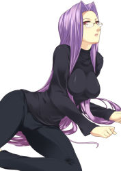 Rule 34 | 00s, 1girl, breasts, cameltoe, fate/stay night, fate (series), glasses, large breasts, long hair, medusa (fate), medusa (rider) (fate), mizuki makoto, pants, pink eyes, purple hair, solo, square pupils, tight clothes, tight pants, very long hair
