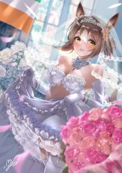 Rule 34 | 1girl, absurdres, bare shoulders, blurry, blurry background, blush, bouquet, breasts, bridal veil, bride, clothes lift, commentary request, dress, dress lift, elbow gloves, fine motion (umamusume), flag, flower, folded ponytail, frilled dress, frills, garter straps, gloves, hair between eyes, hair ornament, highres, horse girl, irish flag, jewelry, lifted by self, looking at viewer, medium breasts, medium hair, miki lutecia, multicolored hair, necklace, open mouth, pov, short hair, signature, solo, strapless, strapless dress, streaked hair, thighhighs, tiara, umamusume, veil, wedding dress, white garter straps, white gloves, white hair, white thighhighs, window, yellow eyes