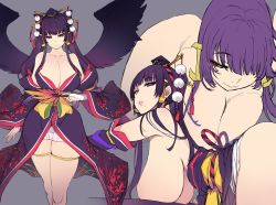 Rule 34 | 1girl, ass, bare shoulders, black background, blue eyes, breasts, character sheet, cleavage, dead or alive, dead or alive 5, detached sleeves, eyeliner, hat, highres, japanese clothes, kimono, large breasts, looking at viewer, makeup, mil (xration), mole, mole under mouth, nyotengu, parted lips, purple hair, sash, simple background, smile, twintails, wings