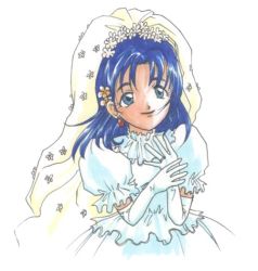 Rule 34 | blue eyes, blue hair, bridal veil, bride, dragon quest, dragon quest vi, dress, earrings, elbow gloves, gloves, jewelry, non-web source, ring, tania (dq6), veil, wedding dress