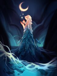 Rule 34 | 1girl, closed eyes, commentary, crescent moon, english commentary, feefal, fish, highres, long hair, moon, night, night sky, ocean, original, personification, pointy nose, sky, solo, star (sky), starry sky, very long hair, water