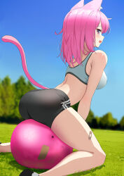 Rule 34 | 1girl, :d, absurdres, animal ear fluff, animal ears, arched back, ass, back, ball, bare shoulders, black shorts, blue sky, blurry, blurry background, bra, breasts, cat ears, cat girl, day, exercise ball, fang, feet out of frame, from side, grass, highres, kneeling, leaning forward, looking to the side, medium breasts, medium hair, midriff, open mouth, original, outdoors, pink eyes, pink hair, shoes, short shorts, shorts, sitting, sitting on object, skin fang, sky, smile, solo, sports bra, sportswear, spread legs, straddling, sweat, syatihoko123, tail, tail raised, thighs, tree, underwear, white bra