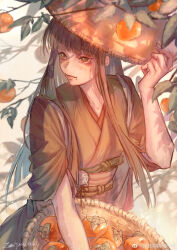 Rule 34 | 1girl, absurdres, basket, black hair, blunt bangs, branch, bright pupils, brown kimono, chinese commentary, collarbone, commentary, dappled sunlight, dated, day, final fantasy, final fantasy xiv, food, from side, fruit, fruit basket, green eyes, hand on headwear, hand up, hat, highres, hyur, japanese clothes, kimono, leaf, long hair, looking up, mole, mole under mouth, obi, obijime, outdoors, persimmon, sash, sidelocks, signature, solo, standing, straight hair, straw hat, sunlight, upper body, weibo logo, weibo watermark, white pupils, yotsuyu goe brutus, zang gegege