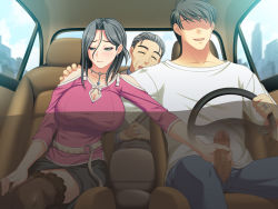 Rule 34 | 1girl, 2boys, :d, ^ ^, age difference, arm around neck, asakura sakura, bare shoulders, belt, black hair, black thighhighs, blush, breasts, building, car, car interior, censored, cheating (relationship), cityscape, cleavage, cleavage cutout, closed eyes, closed mouth, clothed sex, clothing cutout, cloud, couple, day, denim, driving, earrings, embarrassed, faceless, faceless male, formal, game cg, green eyes, grey hair, hair between eyes, hand on another&#039;s shoulder, hand on own knee, handjob, happy sex, head tilt, hetero, hug, huge breasts, husband and wife, jeans, jewelry, lace, lace-trimmed legwear, lace trim, large breasts, left-hand drive, looking away, looking down, mature female, miniskirt, mole, mole under mouth, mosaic censoring, motor vehicle, multiple boys, necklace, old, old man, open fly, open mouth, outstretched arm, own hands clasped, own hands together, pants, pencil skirt, pendant, penis, raised eyebrows, ring, shiga ryouji, shirt, short hair, side slit, sitting, skirt, sky, skyscraper, smile, stealth handjob, stealth sex, suit, t-shirt, thighhighs, transparent, umetsu reimi, umetsu tatsumi, unknown, uwaki tsuma, vehicle, wedding band, west vision, x-ray, zettai ryouiki