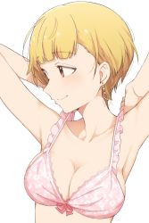 Rule 34 | 1girl, armpits, arms behind head, arms up, bare arms, bare shoulders, blonde hair, blunt bangs, blush, bow, bow bra, bra, breasts, brown eyes, cleavage, closed mouth, collarbone, commentary request, earrings, floral print, frilled bra, frills, fukuda noriko, highres, hiroki (yyqw7151), idolmaster, idolmaster million live!, jewelry, lace, lace-trimmed bra, lace trim, light blush, looking away, looking to the side, medium breasts, pink bow, pink bra, print bra, short hair, simple background, smile, solo, strap pull, underwear, underwear only, upper body, white background