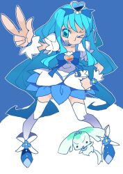 Rule 34 | &gt; @, 1girl, 1other, blue background, blue bow, blue dress, blue eyes, blue hair, blue theme, boots, bow, brooch, coffret (heartcatch precure!), commentary, cure marine, dowman sayman, dress, flower, frilled dress, frills, full body, hair ornament, hand on own hip, heart, heart brooch, heart hair ornament, heartcatch precure!, highres, jewelry, kurumi erika, light blue hair, long hair, looking at viewer, magical girl, precure, puffy short sleeves, puffy sleeves, short sleeves, sidelocks, tail, two-tone dress, v, v-shaped eyebrows, very long hair, white dress, wrist cuffs