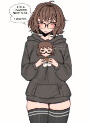 Rule 34 | 1girl, ahoge, aki (snale), arrow (symbol), averting eyes, black-framed eyewear, black hoodie, black nails, blush, brown eyes, brown hair, character doll, cowboy shot, doll, drawstring, english text, facing viewer, glasses, holding, holding doll, hood, hood down, hoodie, jimiko, jitome, long sleeves, looking over eyewear, looking to the side, messy hair, open mouth, original, oversized clothes, pocket, short hair, sideways glance, simple background, skindentation, snale, solo, speech bubble, striped clothes, striped thighhighs, stuffed toy, sweat, talking, thick thighs, thighhighs, thighs, white background, white stripes