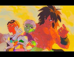 Rule 34 | 1girl, 2boys, abs, armor, backlighting, beanie, belt, black belt, black eyes, black hair, black wristband, bodysuit, breasts, broly (dragon ball super), cheelai, clenched teeth, closed mouth, cloud, cloudy sky, colored sclera, colored skin, commentary, day, domu (hamadura), dragon ball, dragon ball super, dragon ball super broly, expressionless, facial scar, facing viewer, gloves, goggles, goggles on head, green skin, grey hair, grin, hand on own hip, hand up, hat, lemo (dragon ball), letterboxed, light smile, lineup, looking at another, looking back, looking down, medium breasts, medium hair, multiple boys, muscular, muscular male, nipples, ok sign, orange skin, outdoors, pectorals, purple bodysuit, purple eyes, scar, scar on cheek, scar on chest, scar on face, topless male, short hair, signature, sky, smile, spiked hair, sunlight, symbol-only commentary, teeth, tsurime, v-shaped eyebrows, very short hair, white gloves, wristband, yellow headwear, yellow sclera, yellow sky