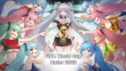 Rule 34 | 2022 fifa world cup, 6+girls, absurdres, alternate color, alternate costume, alternate hair color, aqua eyes, aqua hair, argentina, argentinian flag, blue eyes, blue hair, brazil, croatia, croatian flag, dutch flag, england, english flag, france, french flag, hatsune miku, headset, highres, jokanhiyou, morocco, multiple girls, multiple persona, netherlands, pink eyes, pink hair, portugal, portuguese flag, referee, trophy, vocaloid, world cup